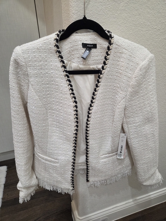 Aqua Jackets & Blazers - Aqua Ivory Tweed Open-Front Blazer with Black Trim